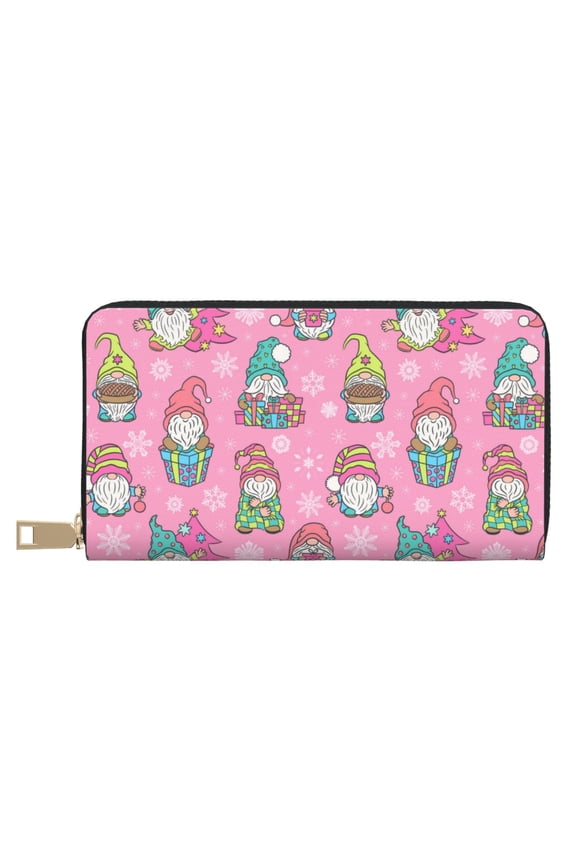 Leather Thin Slim Wallets for Women Men - pink Holiday Joy Clutch Card Wallet for Women Men with Zipper