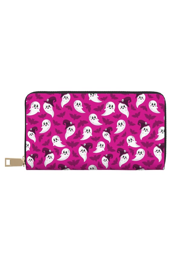 Leather Thin Slim Wallets for Women Men - pink background halloween spooky Clutch Card Wallet for Women Men with Zipper