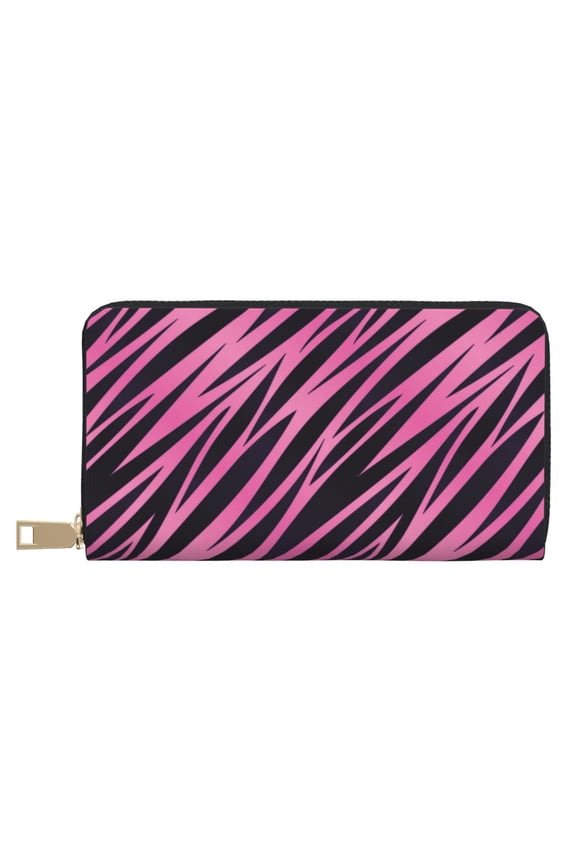 Leather Thin Slim Wallets for Women Men - pink black zebra print striped Clutch Card Wallet for Women Men with Zipper