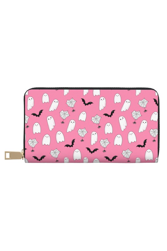 Leather Thin Slim Wallets for Women Men - pink ghost halloween Clutch Card Wallet for Women Men with Zipper