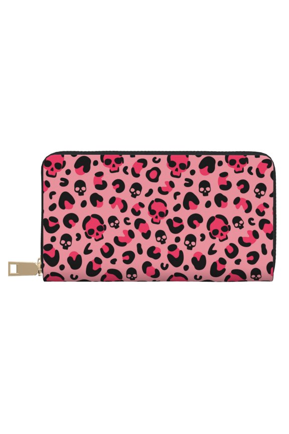Leather Thin Slim Wallets for Women Men - pink halloween skull Clutch Card Wallet for Women Men with Zipper