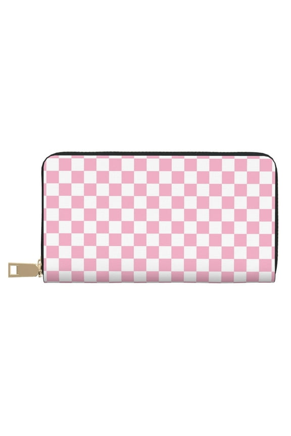 Leather Thin Slim Wallets for Women Men - pink pastel checkered Clutch Card Wallet for Women Men with Zipper