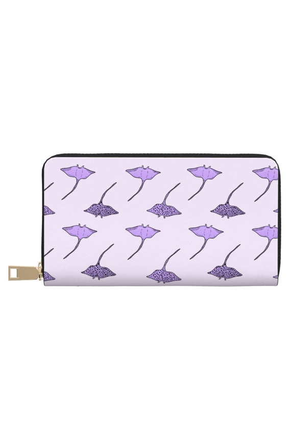 Leather Thin Slim Wallets for Women Men - purple Stingray Fish Cute Dots Clutch Card Wallet for Women Men with Zipper