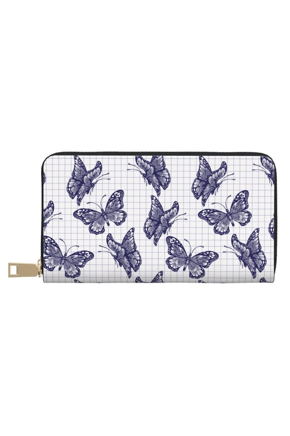 Leather Thin Slim Wallets for Women Men - purple inky butterfly checkered Clutch Card Wallet for Women Men with Zipper