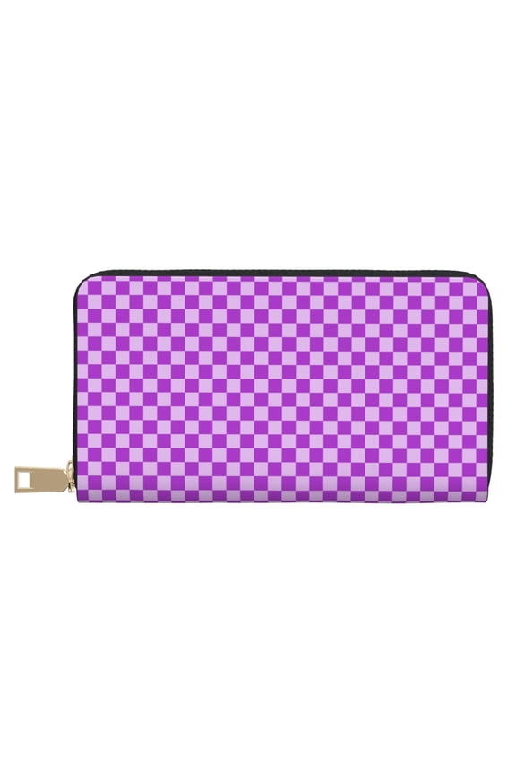 Leather Thin Slim Wallets for Women Men - purple lilac checkered Clutch Card Wallet for Women Men with Zipper