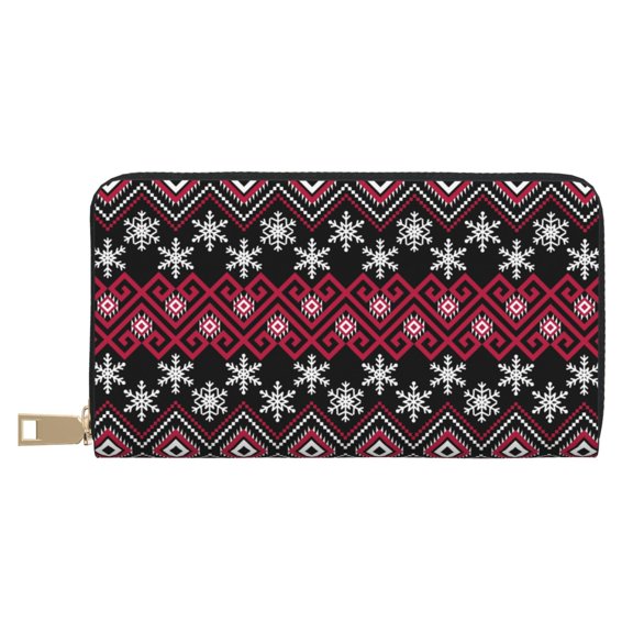 Leather Thin Slim Wallets for Women Men - red Minimalist Snowflake Clutch Card Wallet for Women Men with Zipper