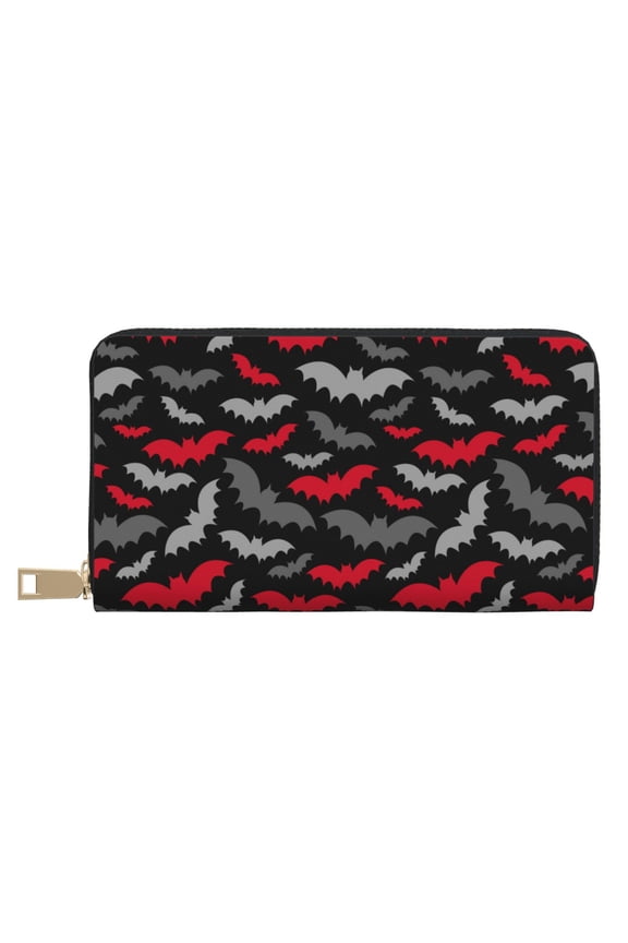 Leather Thin Slim Wallets for Women Men - red grey bat cool black Clutch Card Wallet for Women Men with Zipper