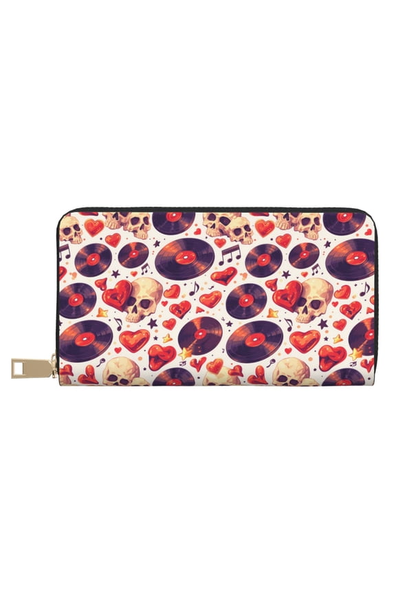 Leather Thin Slim Wallets for Women Men - rock Skull record heart Clutch Card Wallet for Women Men with Zipper