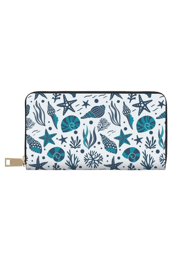 Leather Thin Slim Wallets for Women Men - seashells starfish corals seaweeds Clutch Card Wallet for Women Men with Zipper