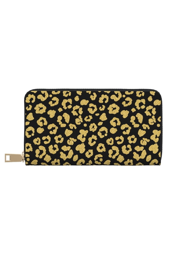 Leather Thin Slim Wallets for Women Men - shiny Golden leopard black Clutch Card Wallet for Women Men with Zipper