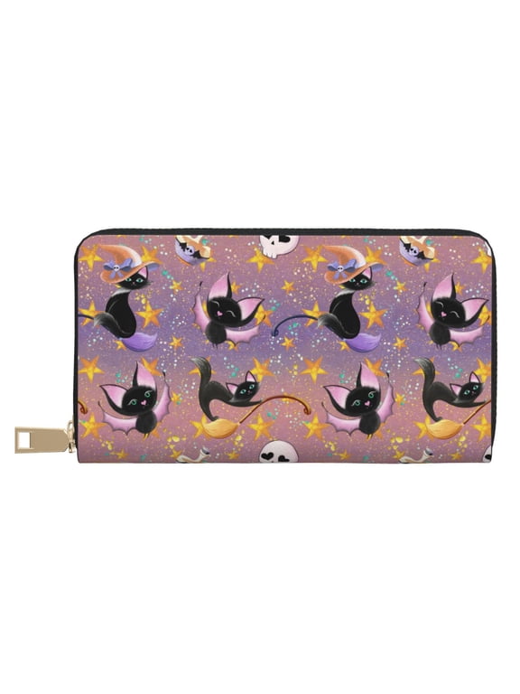 Leather Thin Slim Wallets for Women Men - shiny cat bat skull pumpking spider Clutch Card Wallet for Women Men with Zipper