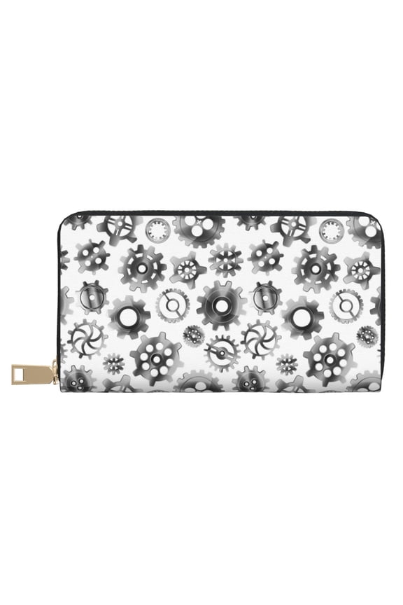 Leather Thin Slim Wallets for Women Men - silver Gear Pattern Clutch Card Wallet for Women Men with Zipper