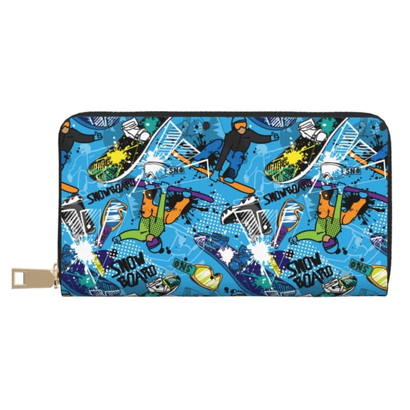 Leather Thin Slim Wallets for Women Men - snow board blue Clutch Card Wallet for Women Men with Zipper