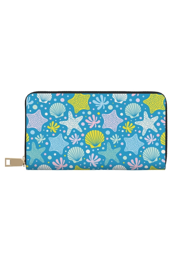 Leather Thin Slim Wallets for Women Men - starfish corals pearls Clutch Card Wallet for Women Men with Zipper