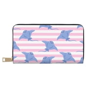 Leather Thin Slim Wallets for Women Men - stingray pink stripes cute Clutch Card Wallet for Women Men with Zipper