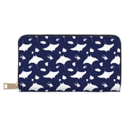 Leather Thin Slim Wallets for Women Men - stingray tropical fish dark blue Clutch Card Wallet for Women Men with Zipper