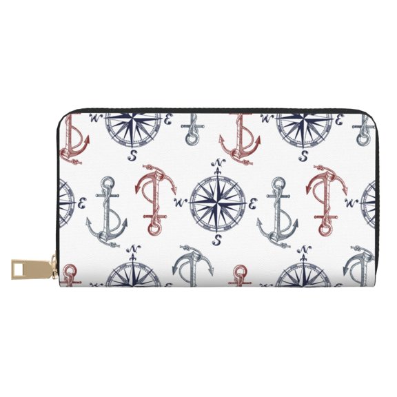 Leather Thin Slim Wallets for Women Men - vintage anchors compass cool Clutch Card Wallet for Women Men with Zipper