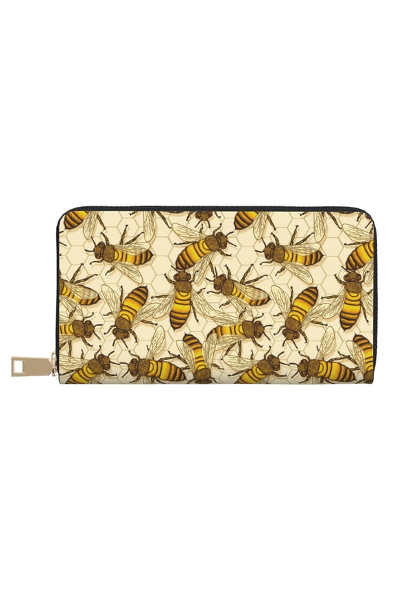Leather Thin Slim Wallets for Women Men - vintage honey bees honeycomb Clutch Card Wallet for Women Men with Zipper