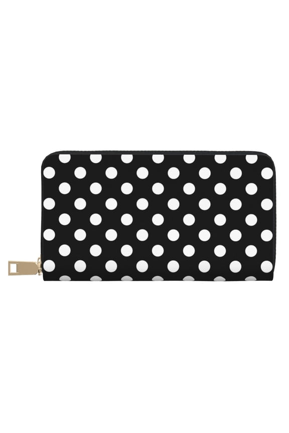 Leather Thin Slim Wallets for Women Men - vintage white polka dot black Clutch Card Wallet for Women Men with Zipper