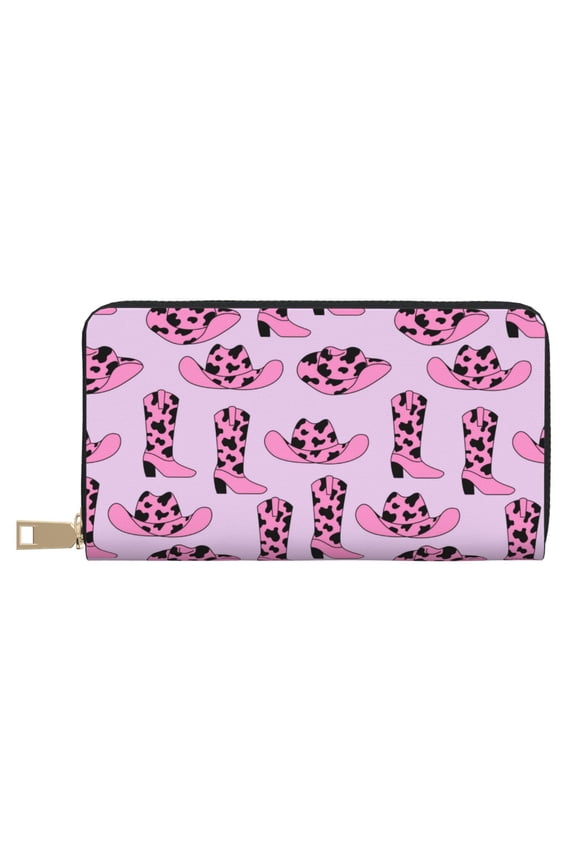 Leather Thin Slim Wallets for Women Men - western cow pink cowboy boots hat Clutch Card Wallet for Women Men with Zipper