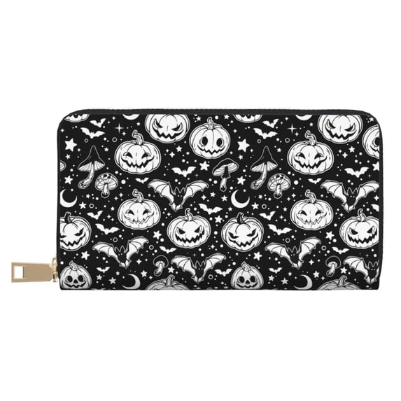 Leather Thin Slim Wallets for Women Men - white halloween pumpkin bat Clutch Card Wallet for Women Men with Zipper