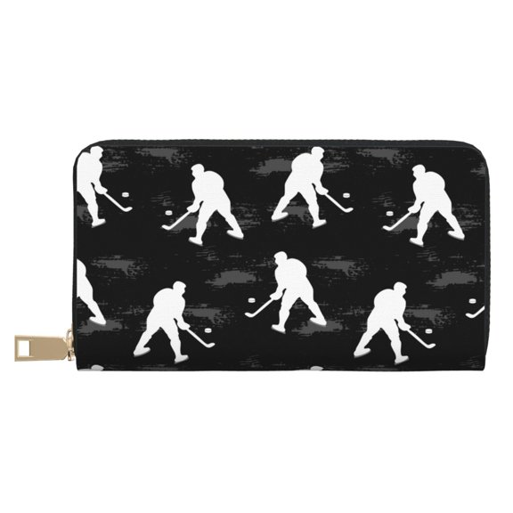 Leather Thin Slim Wallets for Women Men - white hockey players black print Clutch Card Wallet for Women Men with Zipper