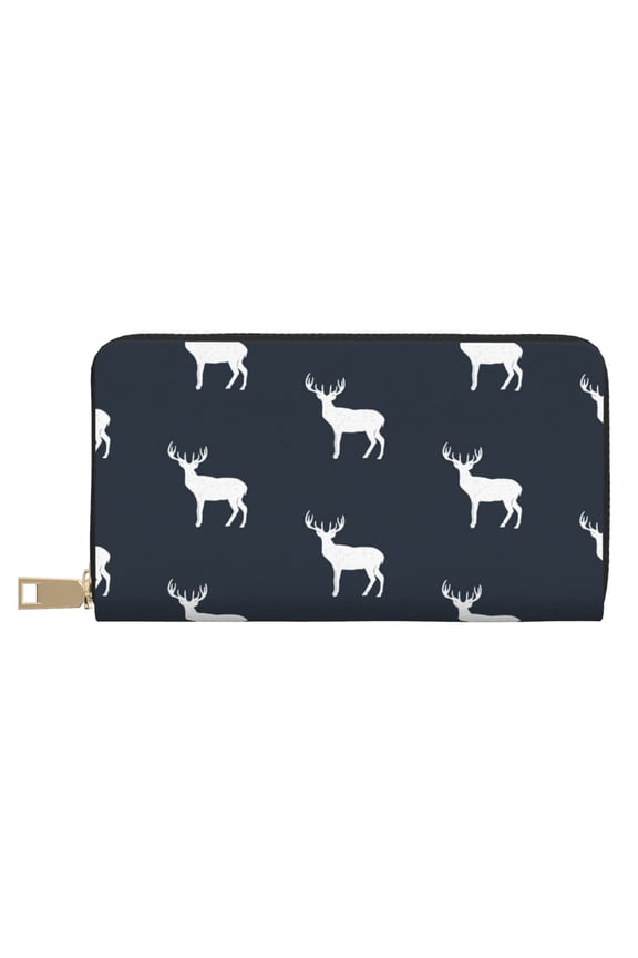 Leather Thin Slim Wallets for Women Men - white moose deer black Clutch Card Wallet for Women Men with Zipper