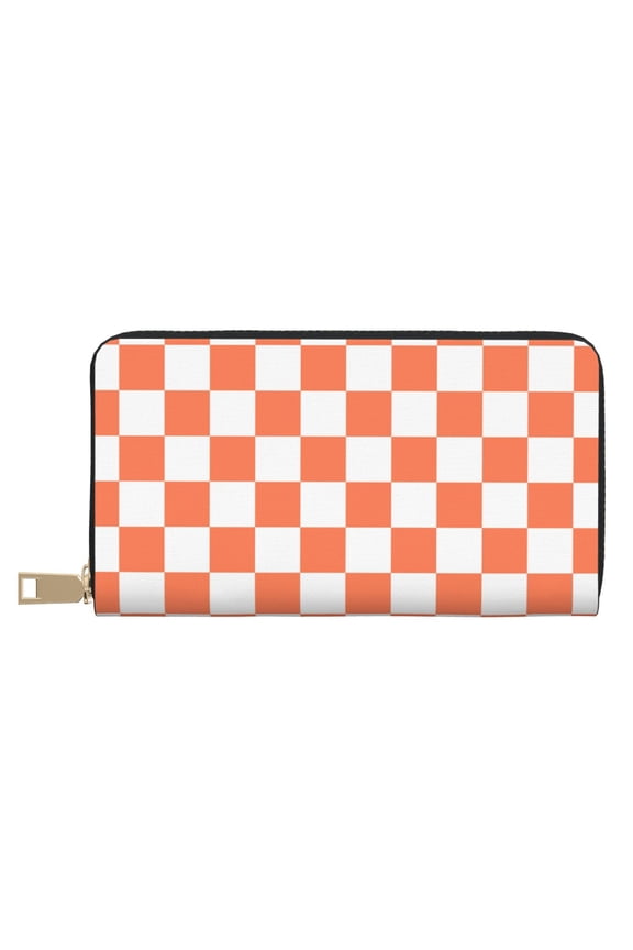Leather Thin Slim Wallets for Women Men - white orange squares checkerboard Clutch Card Wallet for Women Men with Zipper