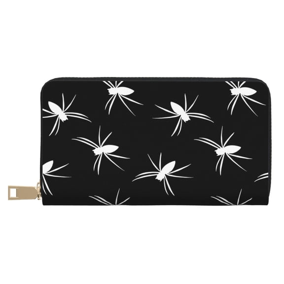 Leather Thin Slim Wallets for Women Men - white spider doodle black Clutch Card Wallet for Women Men with Zipper