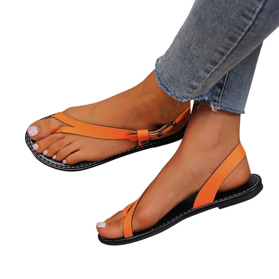 Leather Thin Strap Flat Toe Clip Roman Sandals Beach Shoes Summer Sandals Orange 43