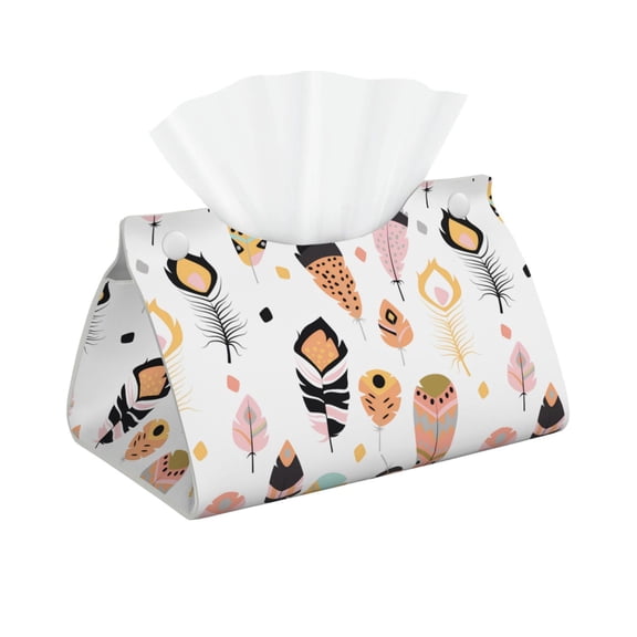 Leather Tissue Box Cover - Abstract Pastel Feather Pattern Long PVC Tissue Box Holder for Dining Tables, Bedside Tables, Desks, Modern Tissue Holder Cover for Living Room, Office, Bedroom Decor