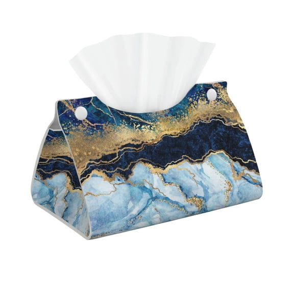 Leather Tissue Box Cover - Blue Marble Gold Foil Glitter Decor Long PVC Tissue Box Holder for Dining Tables, Bedside Tables, Desks, Modern Tissue Holder Cover for Living Room, Office, Bedroom Decor