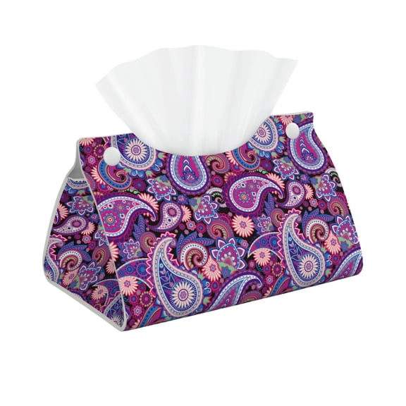 Leather Tissue Box Cover - Blue Purple Paisley Long PVC Tissue Box Holder for Dining Tables, Bedside Tables, Desks, Modern Tissue Holder Cover for Living Room, Office, Bedroom Decor
