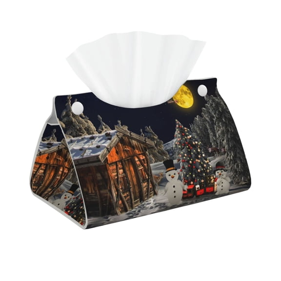 Leather Tissue Box Cover - Christmas Landscape Winter Mood Long PVC Tissue Box Holder for Dining Tables, Bedside Tables, Desks, Modern Tissue Holder Cover for Living Room, Office, Bedroom Decor