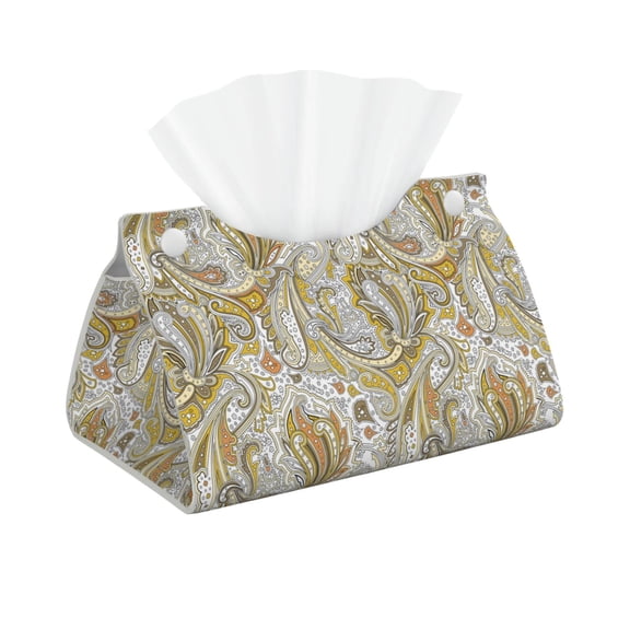 Leather Tissue Box Cover - Golden Paisley Long PVC Tissue Box Holder for Dining Tables, Bedside Tables, Desks, Modern Tissue Holder Cover for Living Room, Office, Bedroom Decor