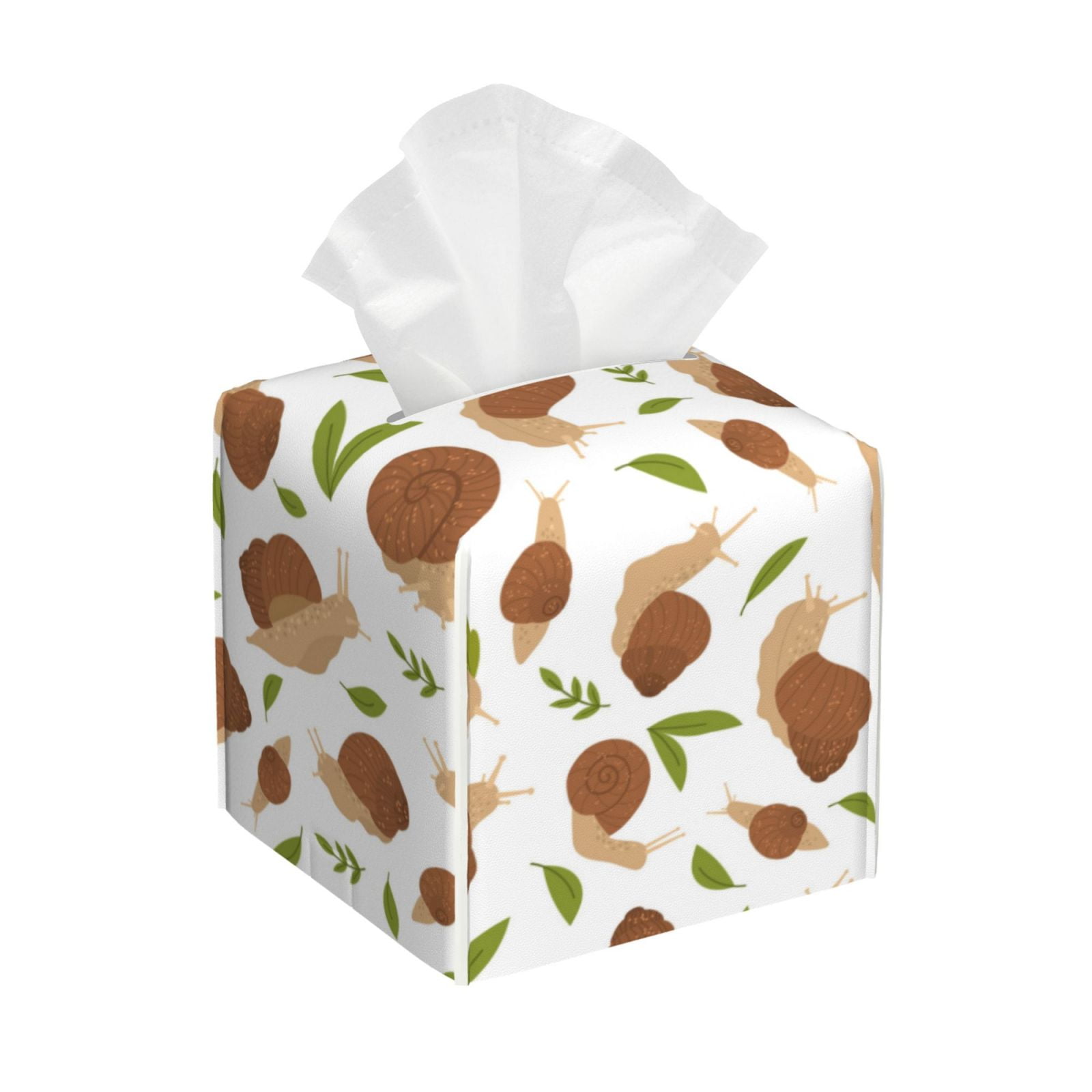 Leather Tissue Box Cover Green Leaf Brown Snails Tissue Box Holder