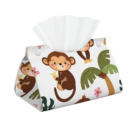 Leather Tissue Box Cover - Monkeys Swinging from Palms Long PVC Tissue Box Holder for Dining Tables, Bedside Tables, Desks, Modern Tissue Holder Cover for Living Room, Office, Bedroom Decor