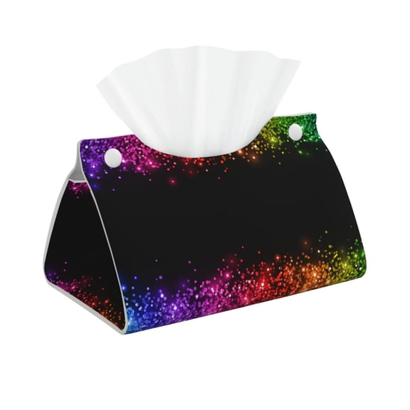 Leather Tissue Box Cover - Rainbow Glitter Border Long PVC Tissue Box Holder for Dining Tables, Bedside Tables, Desks, Modern Tissue Holder Cover for Living Room, Office, Bedroom Decor