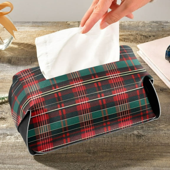 Leather Tissue Box Cover Red and Green Check Grid Facial Cube Holder Case Rectangle