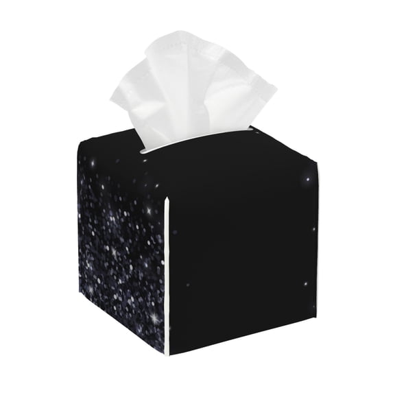 Leather Tissue Box Cover Square - Black Silver Glitter Border Waterproof Tissue Box Holder Paper Case Organizer Dispenser for Modern Home Office Room Home Bathroom Decor