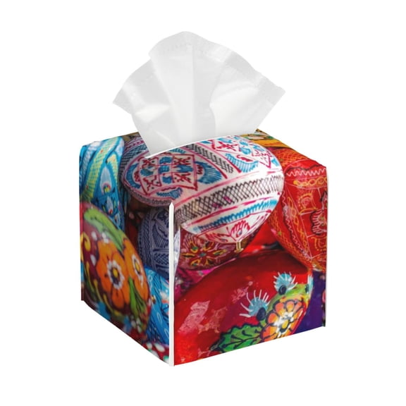 Leather Tissue Box Cover Square - Colorful Hand Painted Easter Eggs Waterproof Tissue Box Holder Paper Case Organizer Dispenser for Modern Home Office Room Home Bathroom Decor