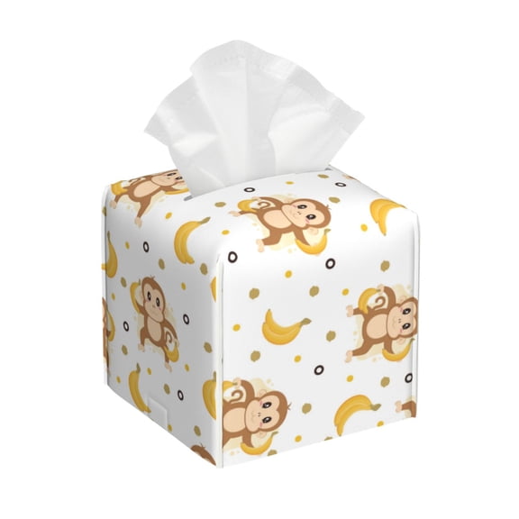 Leather Tissue Box Cover Square - Cute Banana Monkey Waterproof Tissue Box Holder Paper Case Organizer Dispenser for Modern Home Office Room Home Bathroom Decor
