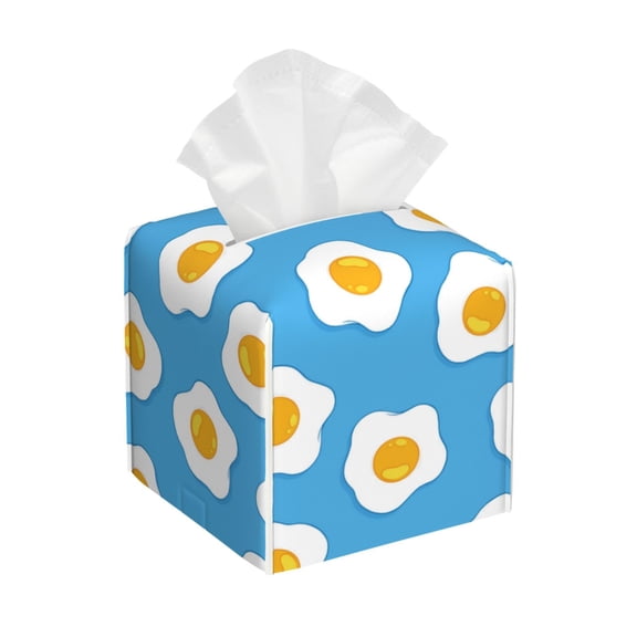 Leather Tissue Box Cover Square - Cute Fried Egg Turquoise Waterproof Tissue Box Holder Paper Case Organizer Dispenser for Modern Home Office Room Home Bathroom Decor