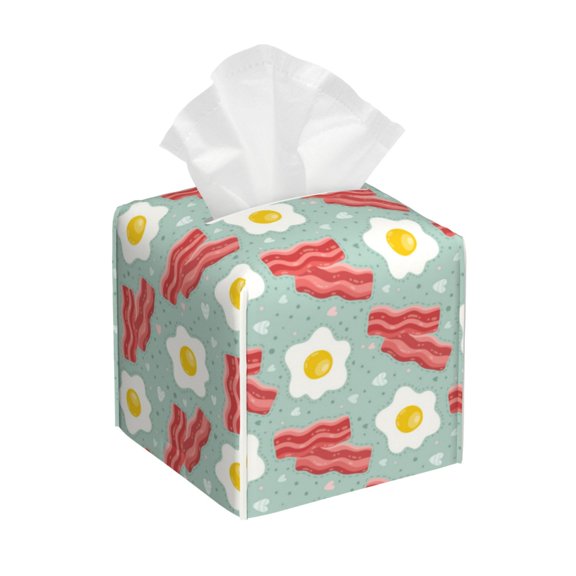 Leather Tissue Box Cover Square - Cute Omelette Bacon Waterproof Tissue Box Holder Paper Case Organizer Dispenser for Modern Home Office Room Home Bathroom Decor