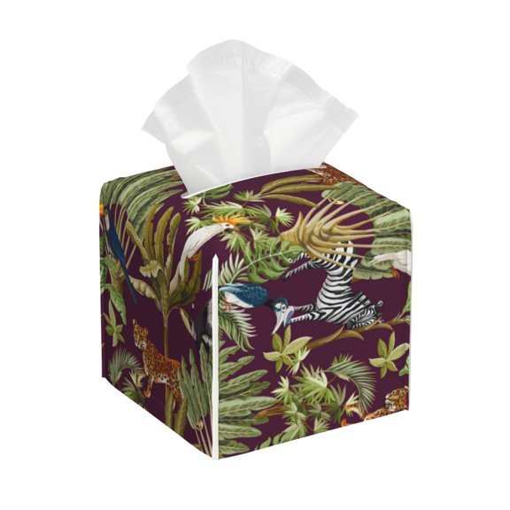 Leather Tissue Box Cover Square - Cute Parrot Baboon Leopard Zebra Waterproof Tissue Box Holder Paper Case Organizer Dispenser for Modern Home Office Room Home Bathroom Decor
