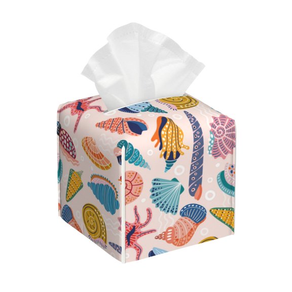 Leather Tissue Box Cover Square - Doodle Seashell Waterproof Tissue Box Holder Paper Case Organizer Dispenser for Modern Home Office Room Home Bathroom Decor