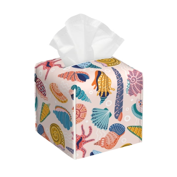 Leather Tissue Box Cover Square - Doodle Seashell Waterproof Tissue Box Holder Paper Case Organizer Dispenser for Modern Home Office Room Home Bathroom Decor