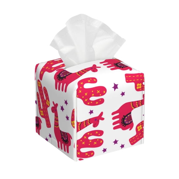 Leather Tissue Box Cover Square - Exotic Cute Alpaca Cactus Red Waterproof Tissue Box Holder Paper Case Organizer Dispenser for Modern Home Office Room Home Bathroom Decor