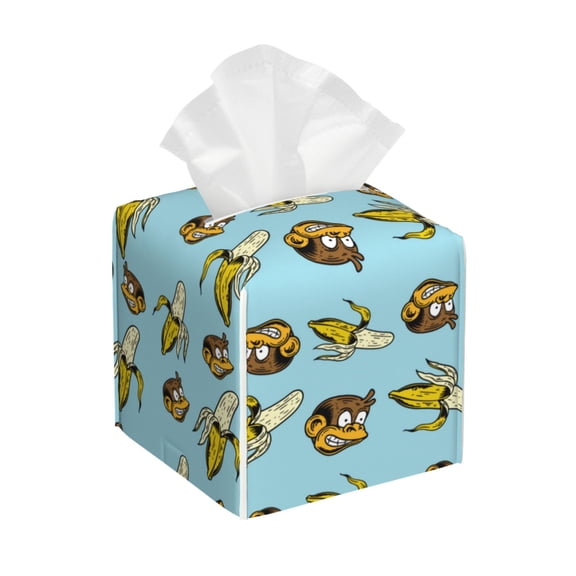 Leather Tissue Box Cover Square - Funny Banana Monkey Waterproof Tissue Box Holder Paper Case Organizer Dispenser for Modern Home Office Room Home Bathroom Decor