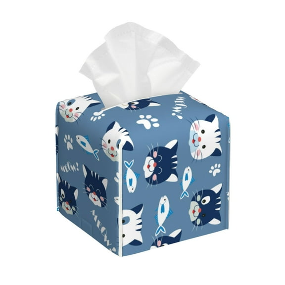 Leather Tissue Box Cover Square - Funny Cute Cat Face Fish Waterproof Tissue Box Holder Paper Case Organizer Dispenser for Modern Home Office Room Home Bathroom Decor
